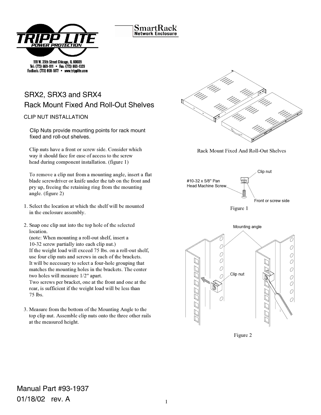 Tripp Lite manual SRX2, SRX3 and SRX4 Rack Mount Fixed And Roll-Out Shelves, Manual 01/18/02 rev. a 