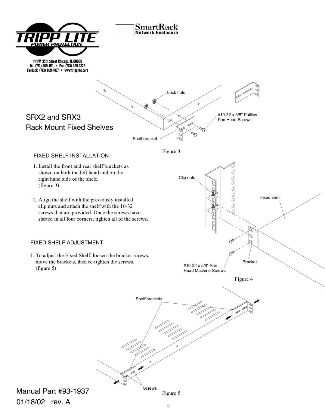 Tripp Lite SRX4 manual SRX2 and SRX3 Rack Mount Fixed Shelves, Fixed Shelf Installation, Fixed Shelf Adjustment 