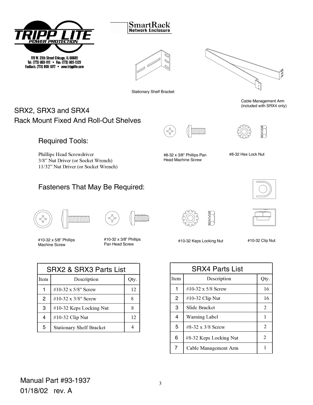 Tripp Lite manual Fasteners That May Be Required, SRX2 & SRX3 Parts List, SRX4 Parts List 