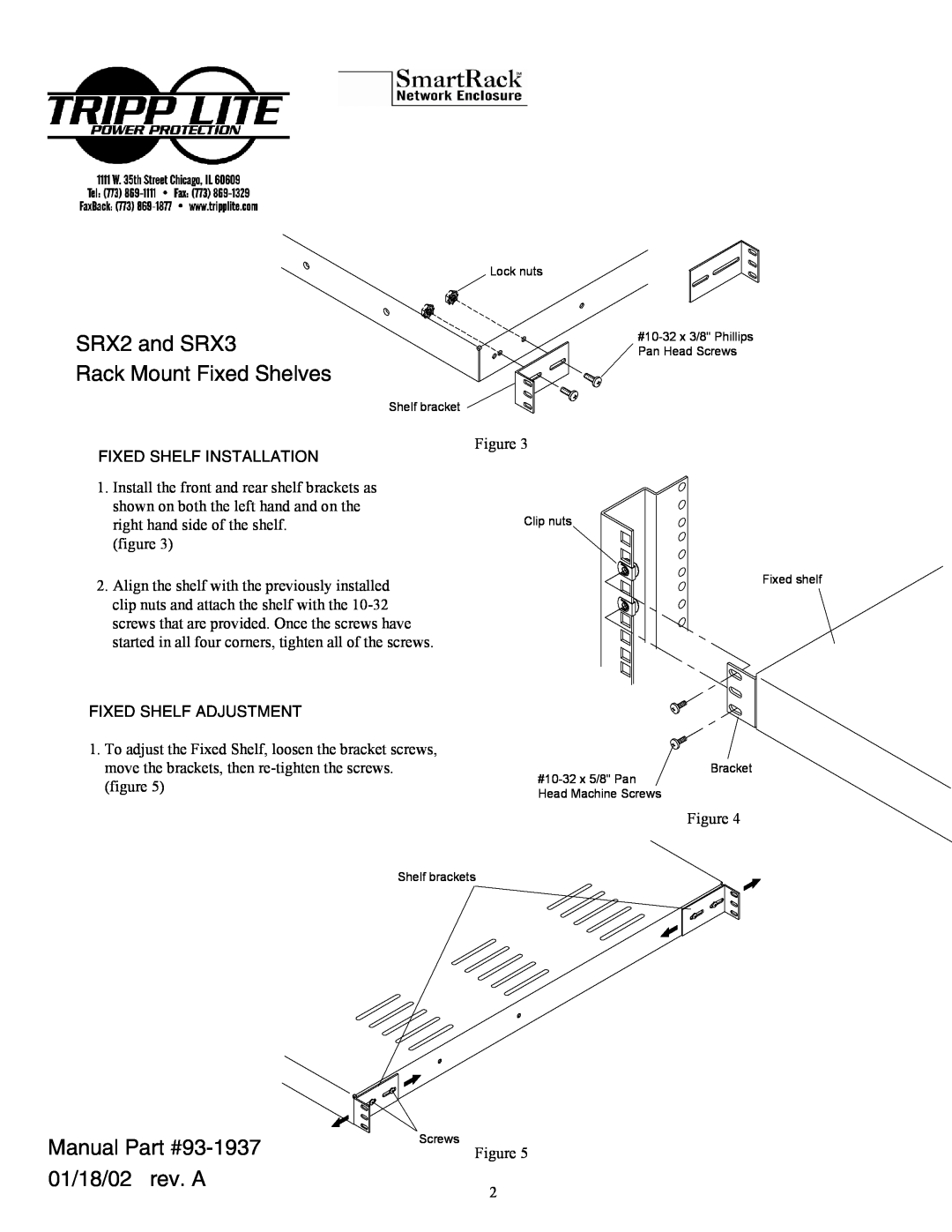 Tripp Lite SRX4 manual SRX2 and SRX3 Rack Mount Fixed Shelves, Manual 93-1937 01/18/02 rev. A, Fixed Shelf Installation 