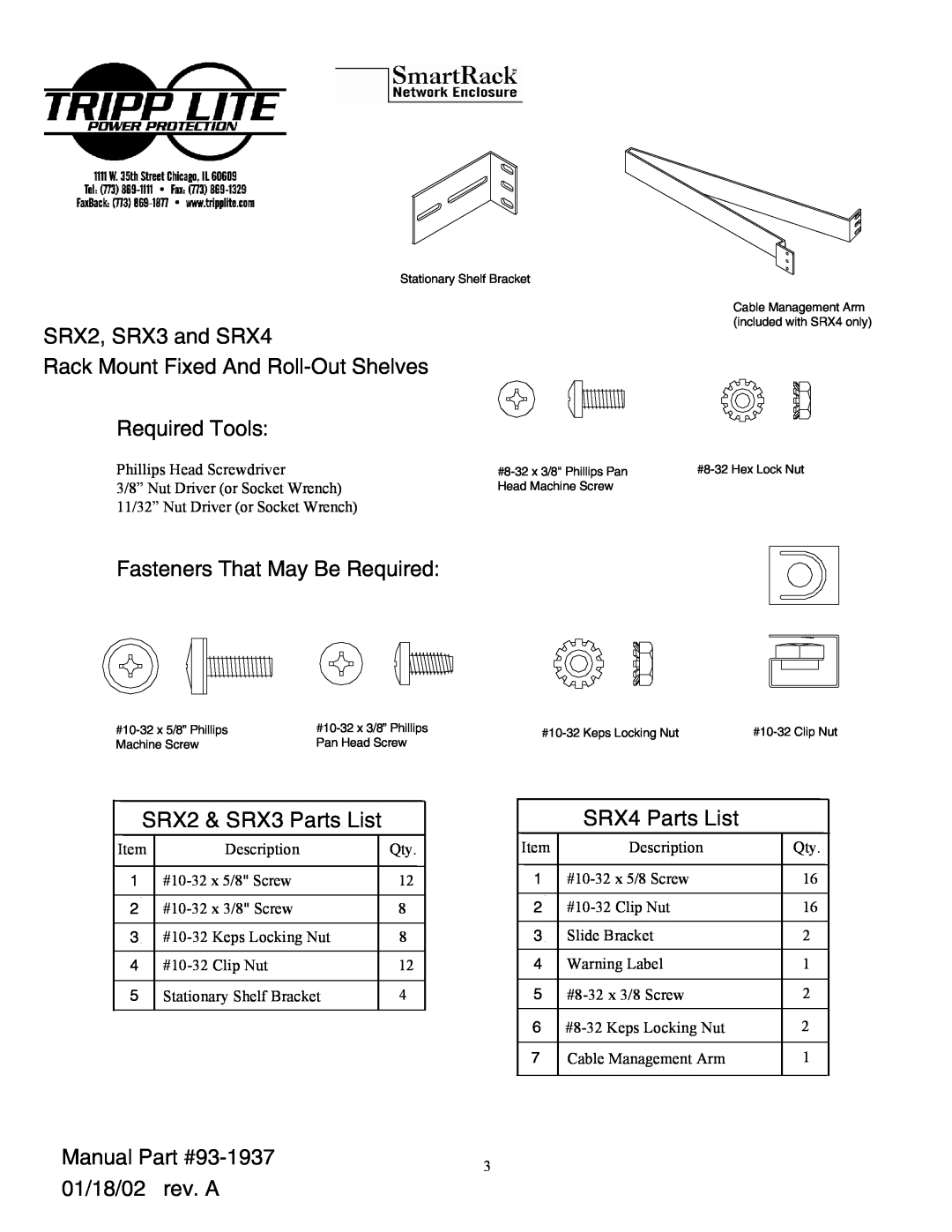 Tripp Lite Required Tools, Fasteners That May Be Required, SRX2 & SRX3 Parts List, SRX4 Parts List, SRX2, SRX3 and SRX4 