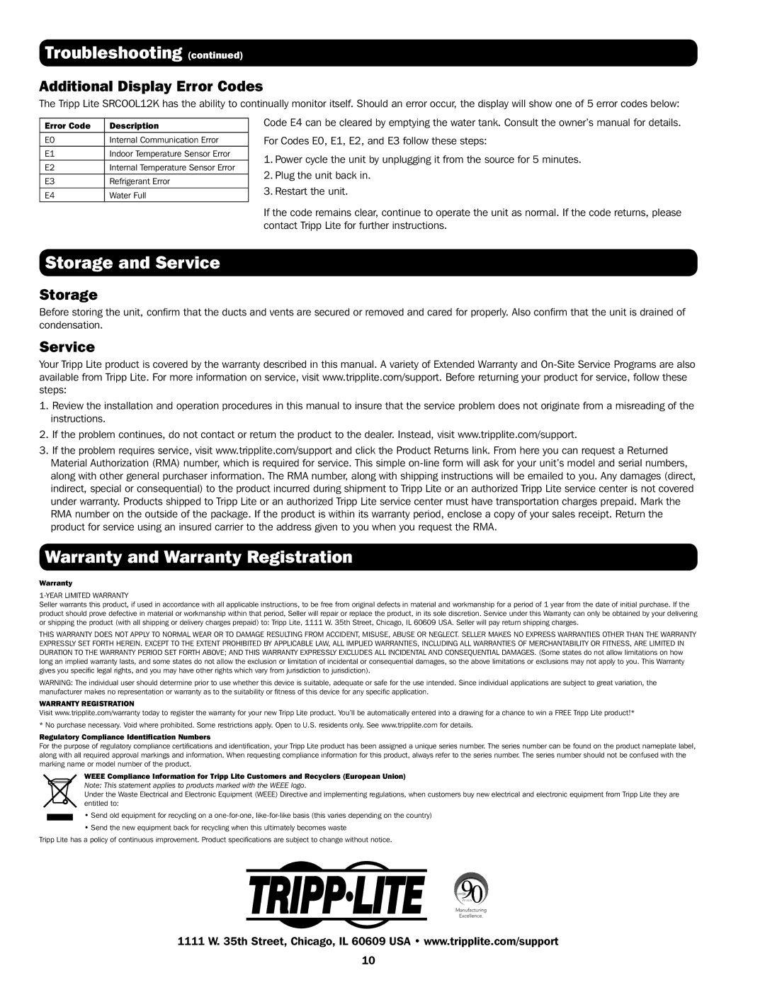 Tripp Lite SRXCOOL12K, SRCOOL12K Storage and Service, Warranty and Warranty Registration, Additional Display Error Codes 