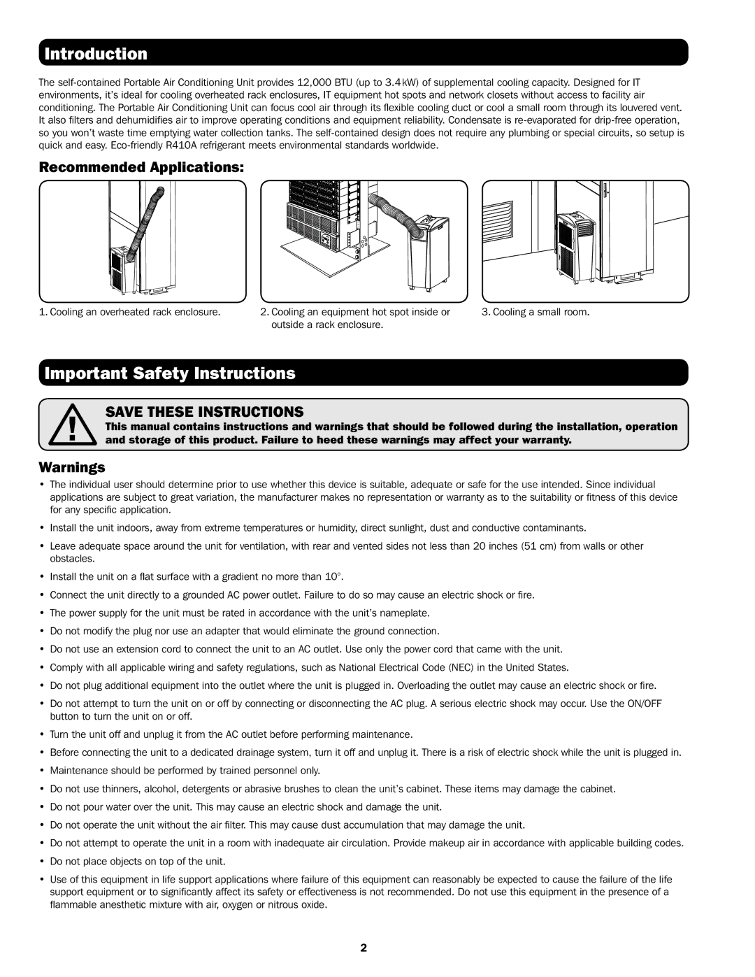 Tripp Lite SRXCOOL12K, SRCOOL12K owner manual Introduction, Important Safety Instructions, Recommended Applications 