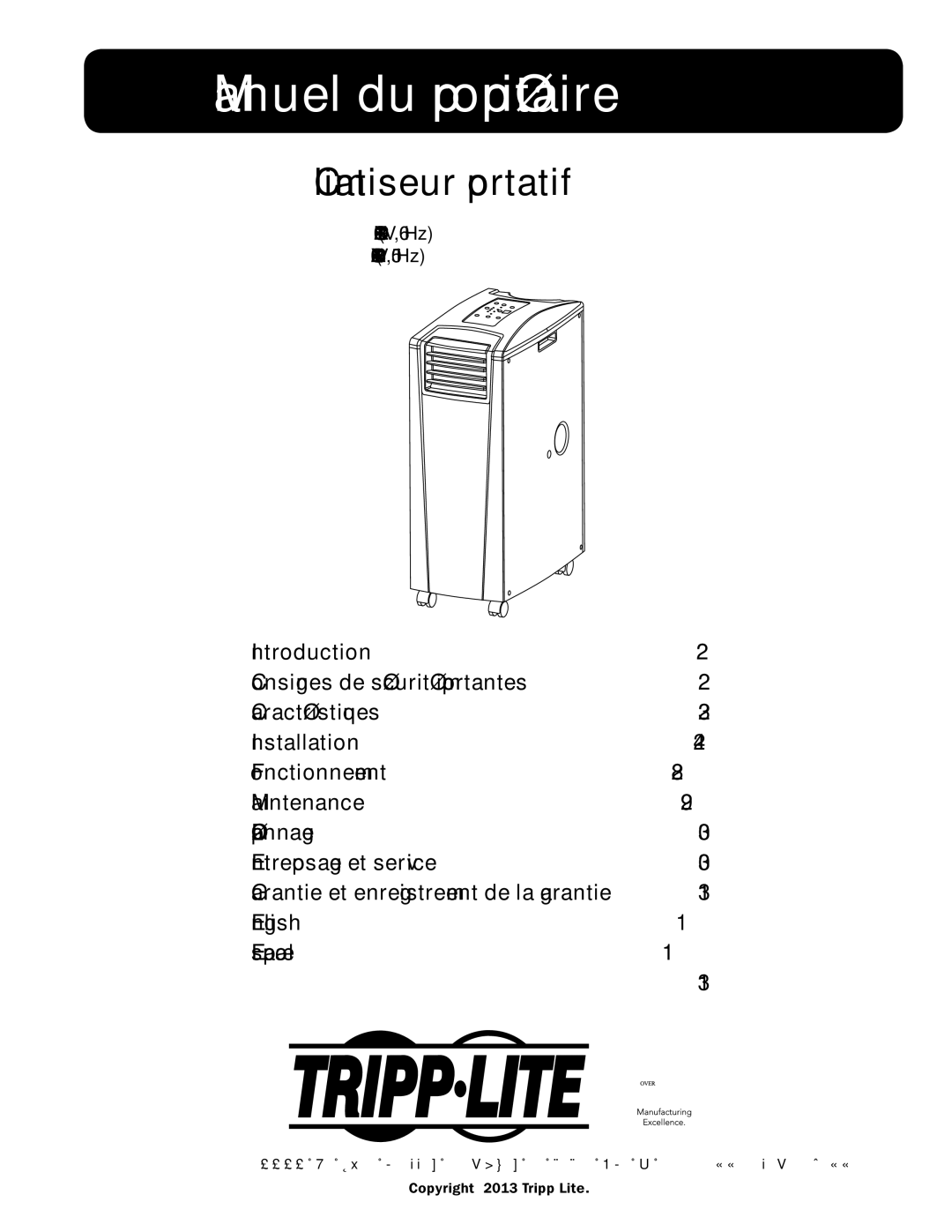 Tripp Lite owner manual Manuel du propriétaire, SRCOOL12K 120 V, 60 Hz SRXCOOL12K 230V, 50 Hz 