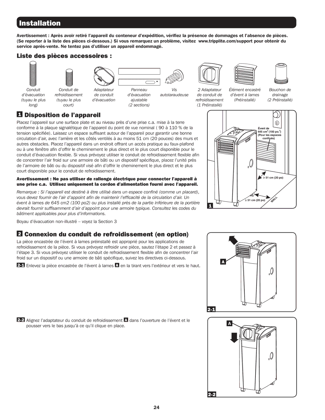 Tripp Lite SRXCOOL12K, SRCOOL12K owner manual Liste des pièces accessoires, Disposition de l’appareil 