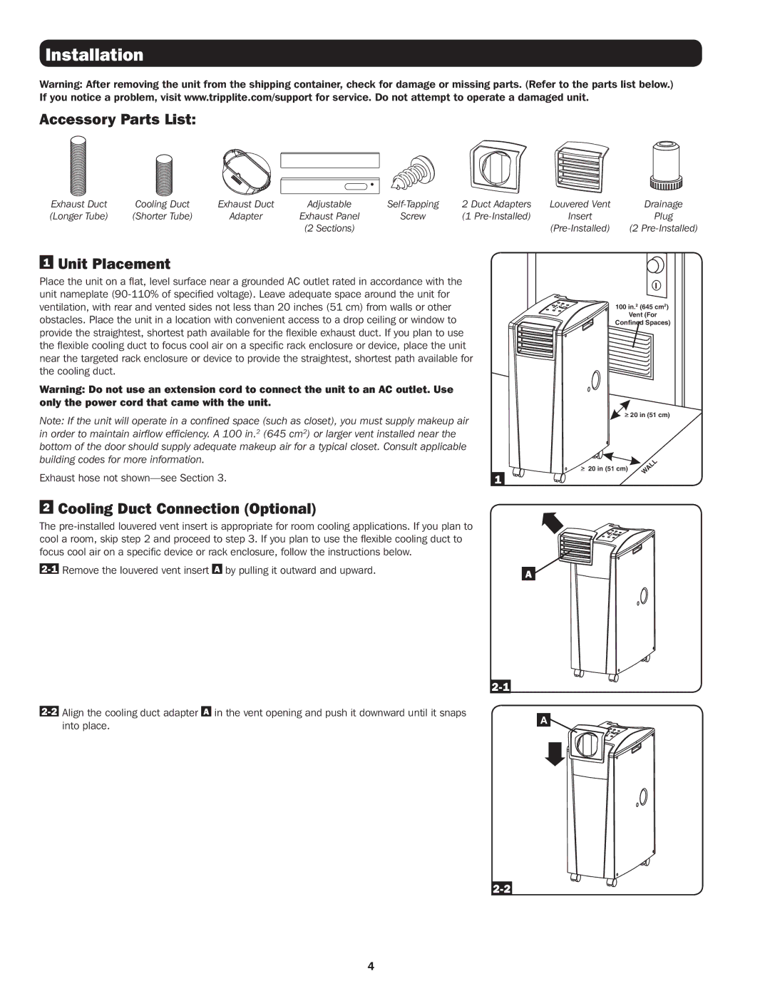 Tripp Lite SRXCOOL12K, SRCOOL12K Installation, Accessory Parts List, Unit Placement, Cooling Duct Connection Optional 