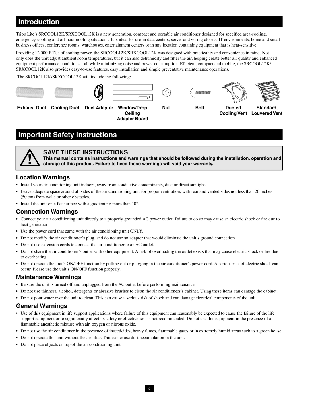 Tripp Lite SRXCOOL12K Introduction, Location Warnings, Connection Warnings, Maintenance Warnings, General Warnings 