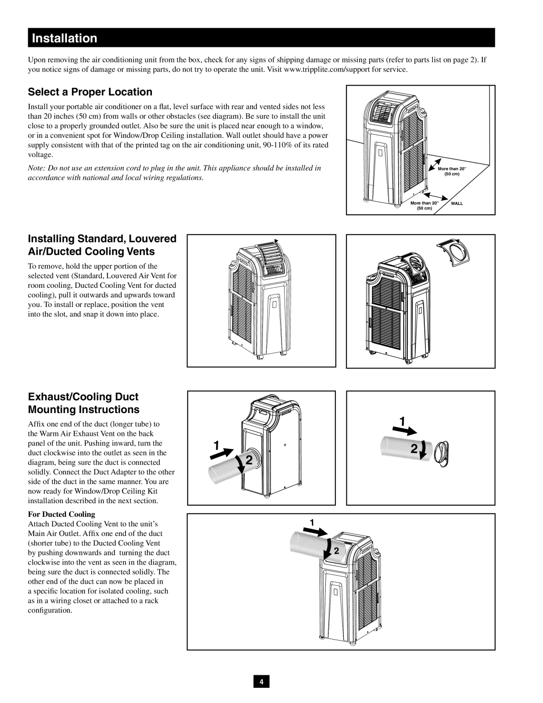 Tripp Lite SRXCOOL12K Select a Proper Location, Installing Standard, Louvered Air/Ducted Cooling Vents, For Ducted Cooling 