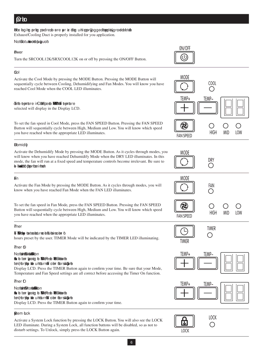 Tripp Lite SRXCOOL12K, SRCOOL12K owner manual Power, Cool, Dehumidify, Fan, Timer On, Timer Off, System Lock 