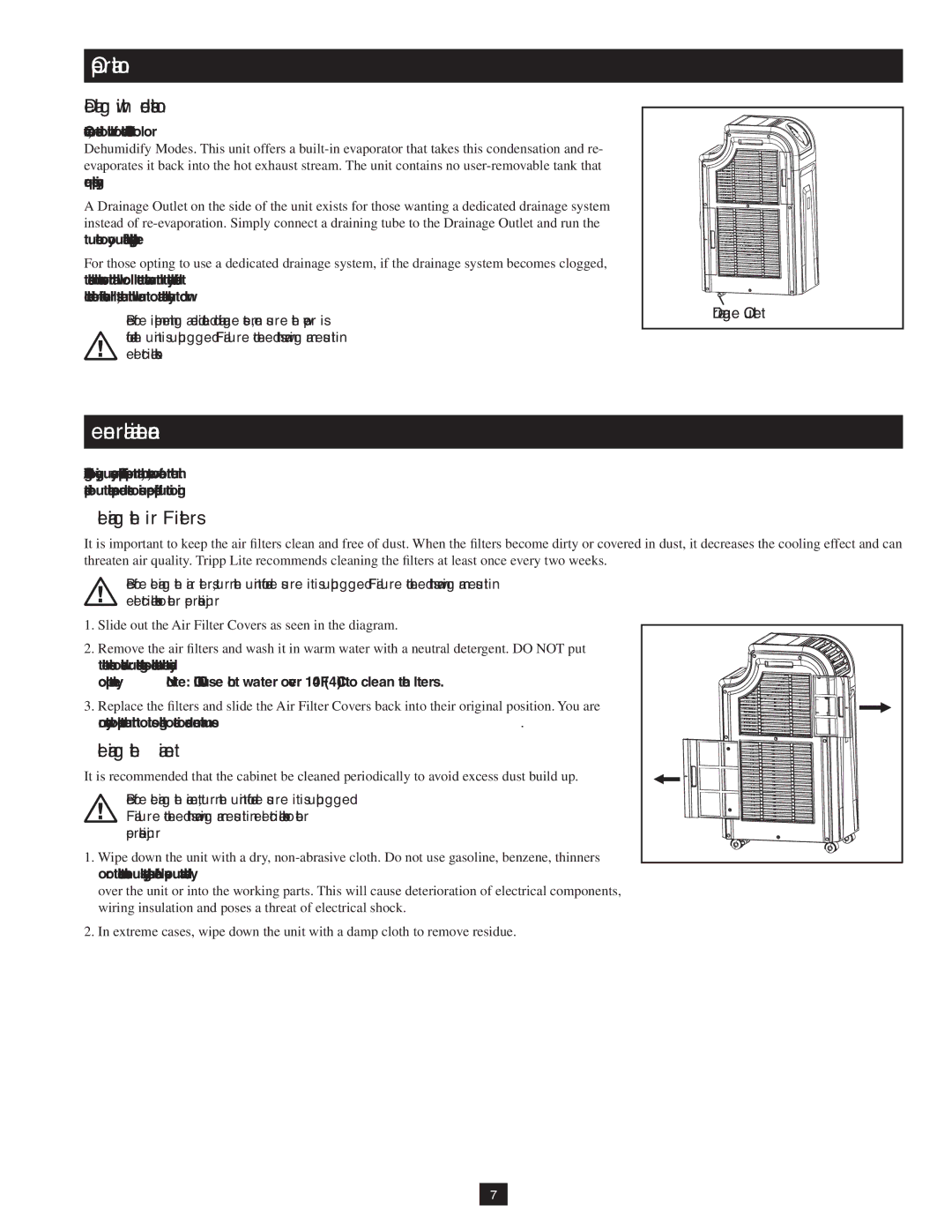 Tripp Lite SRCOOL12K, SRXCOOL12K owner manual Dealing with Condensation, Cleaning the Air Filters, Cleaning the Cabinet 