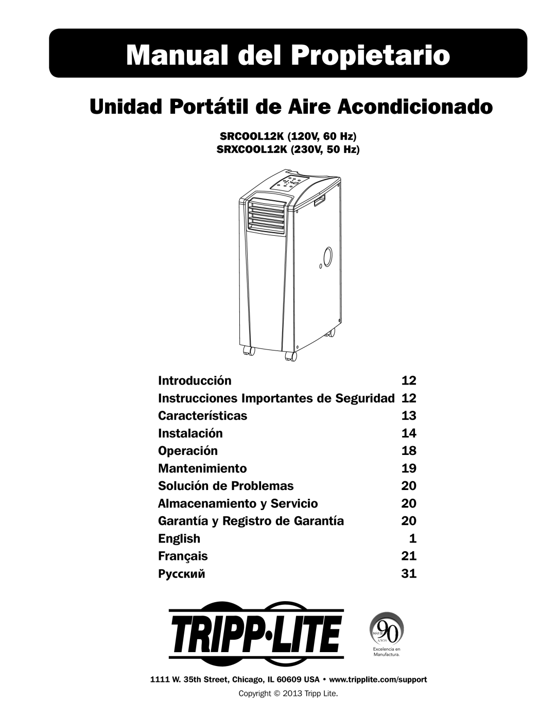 Tripp Lite SRCOOL12K, SRXCOOL12K owner manual Manual del Propietario, Unidad Portátil de Aire Acondicionado 