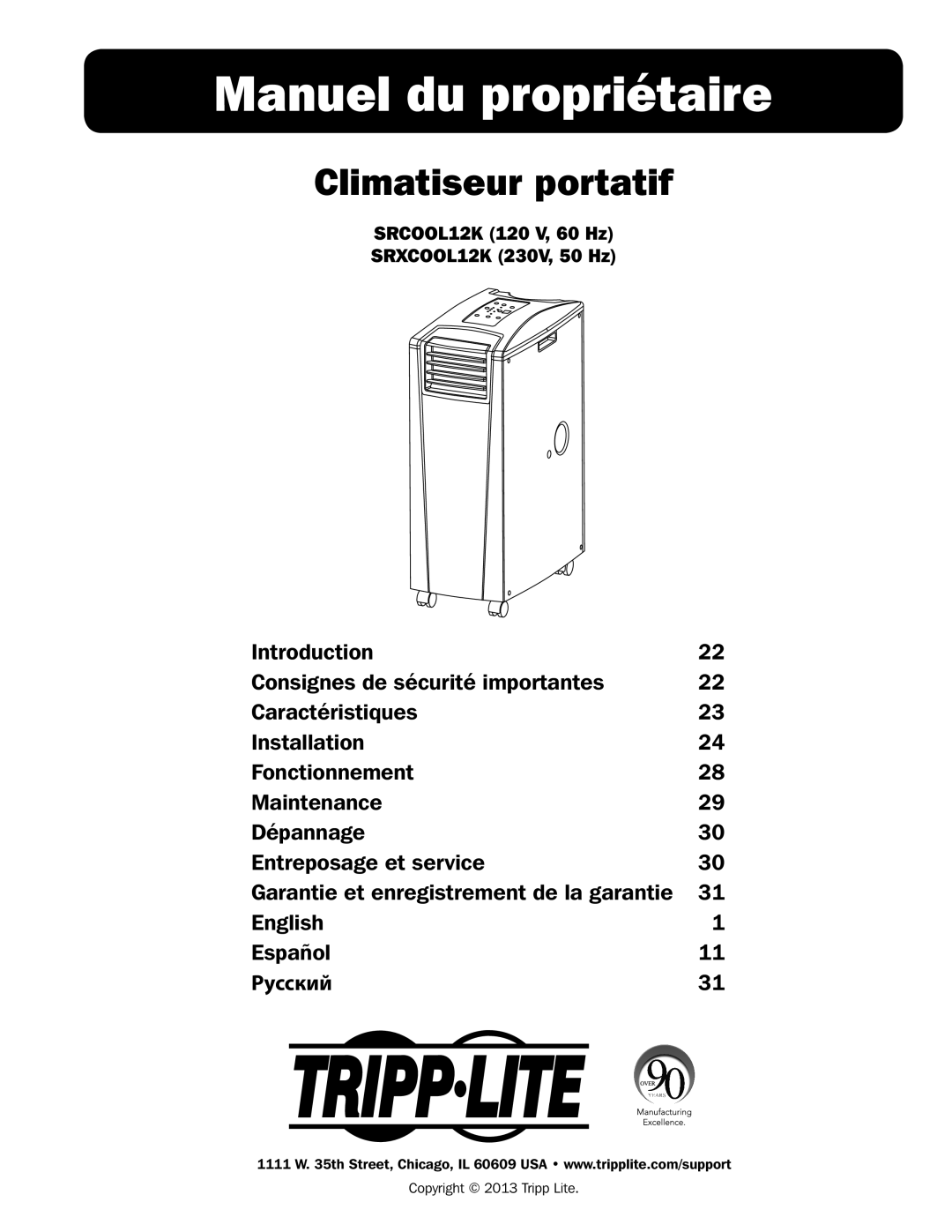 Tripp Lite SRCOOL12K, SRXCOOL12K owner manual Manuel du propriétaire, Climatiseur portatif 