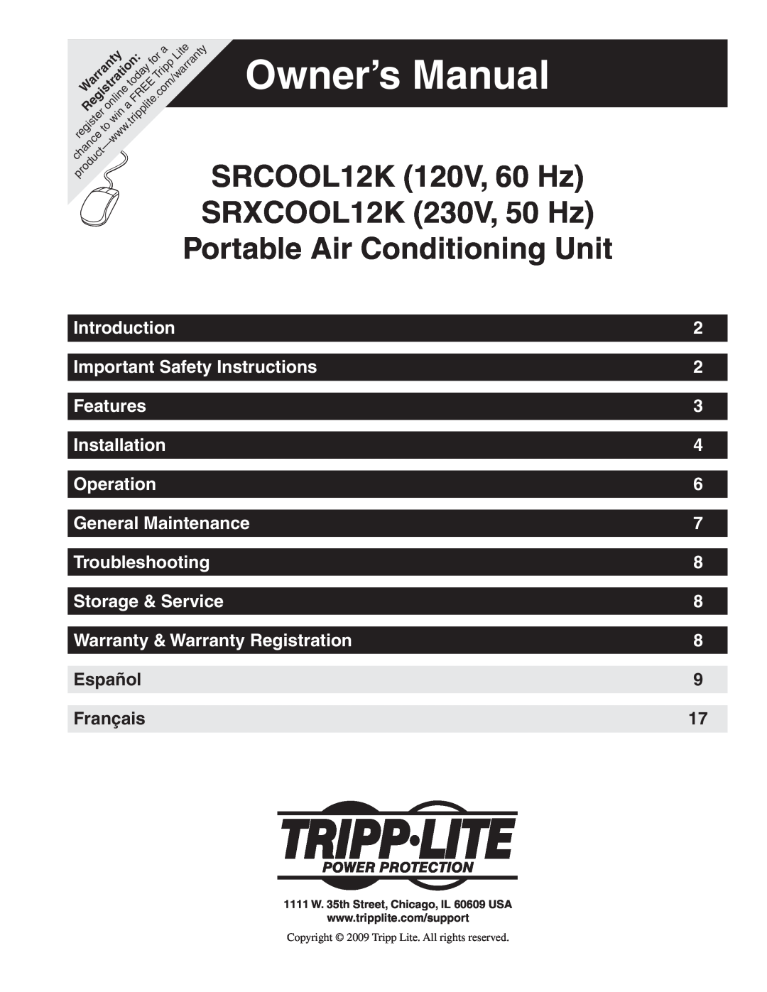 Tripp Lite owner manual SRXCOOL12K 230V, 50 Hz, Portable Air Conditioning Unit, SRCOOL12K 120V, 60 Hz 