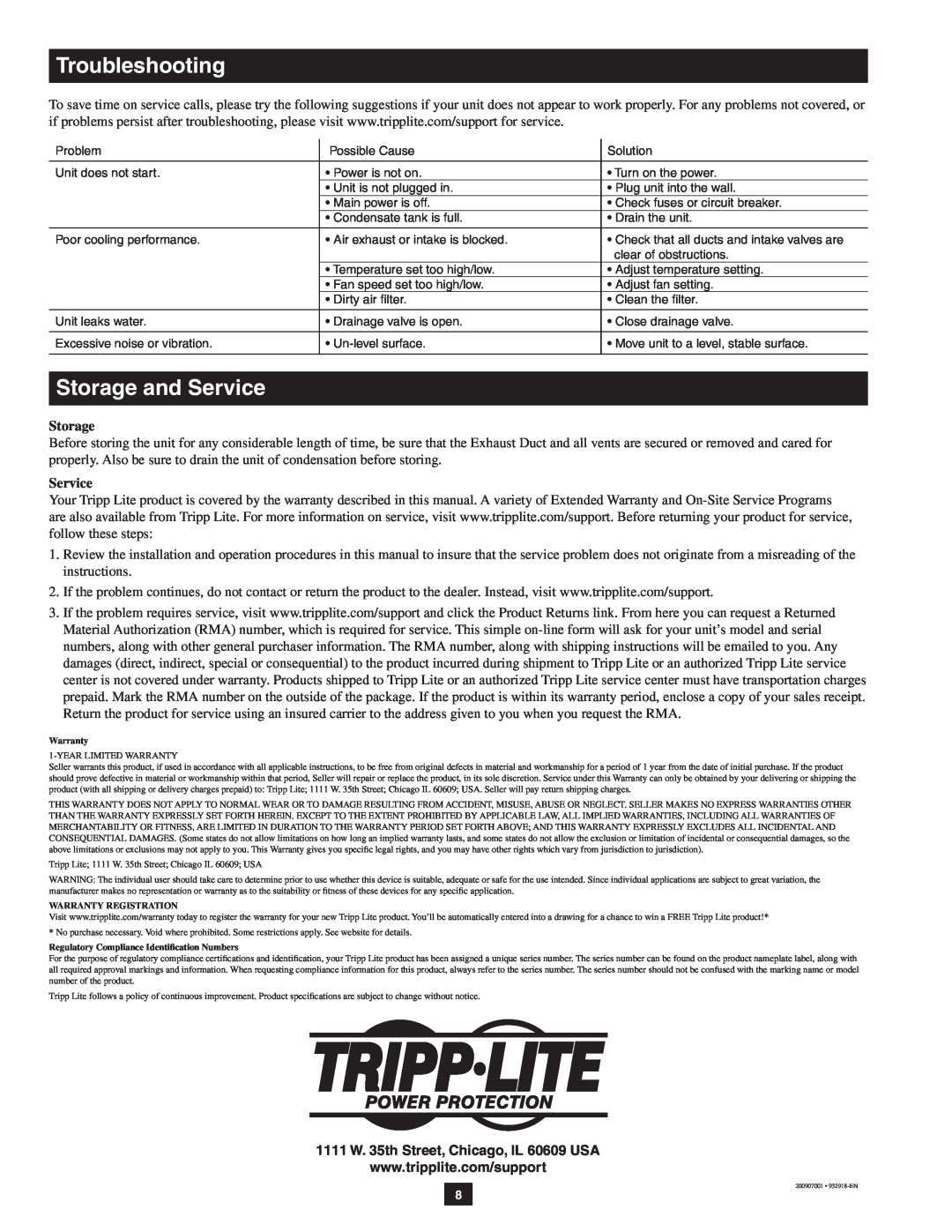 Tripp Lite SRXCOOL12K, SRCOOL12K owner manual Troubleshooting, Storage and Service 