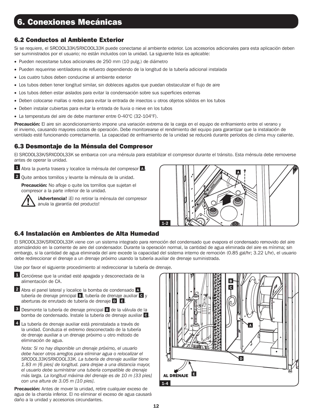 Tripp Lite SRXCOOL33K, SRCOOL33K installation manual Conductos al Ambiente Exterior, Desmontaje de la Ménsula del Compresor 