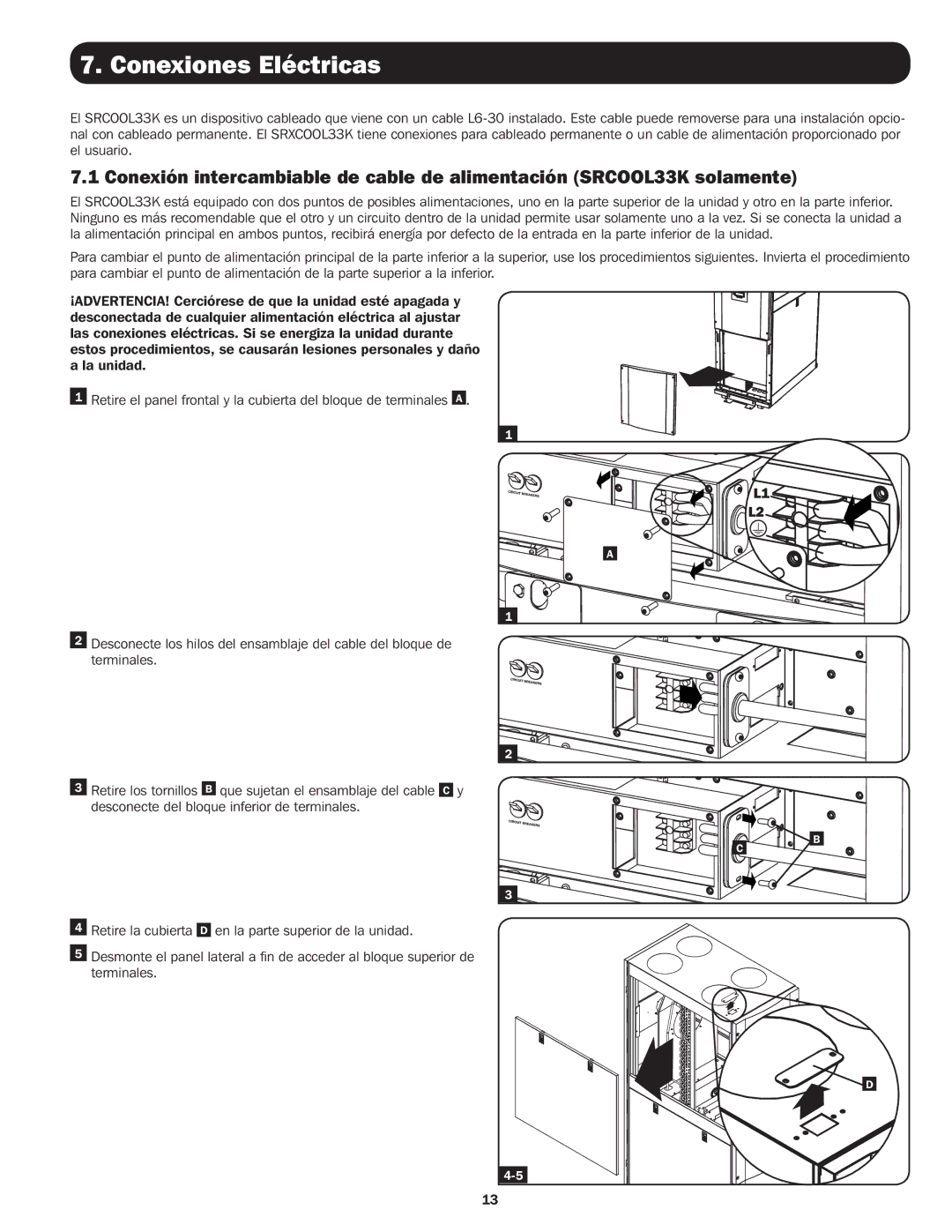 Tripp Lite SRCOOL33K, SRXCOOL33K installation manual Conexiones Eléctricas 