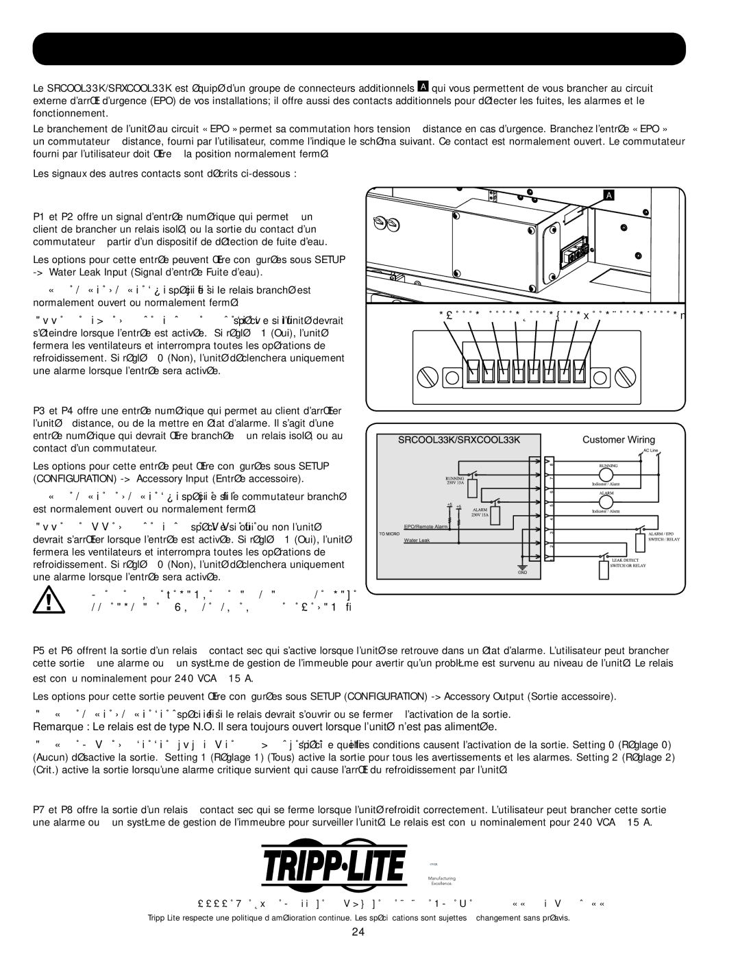 Tripp Lite SRXCOOL33K, SRCOOL33K installation manual Connecteurs additionnels, Signal de détection de fuite, Sorties dalarme 