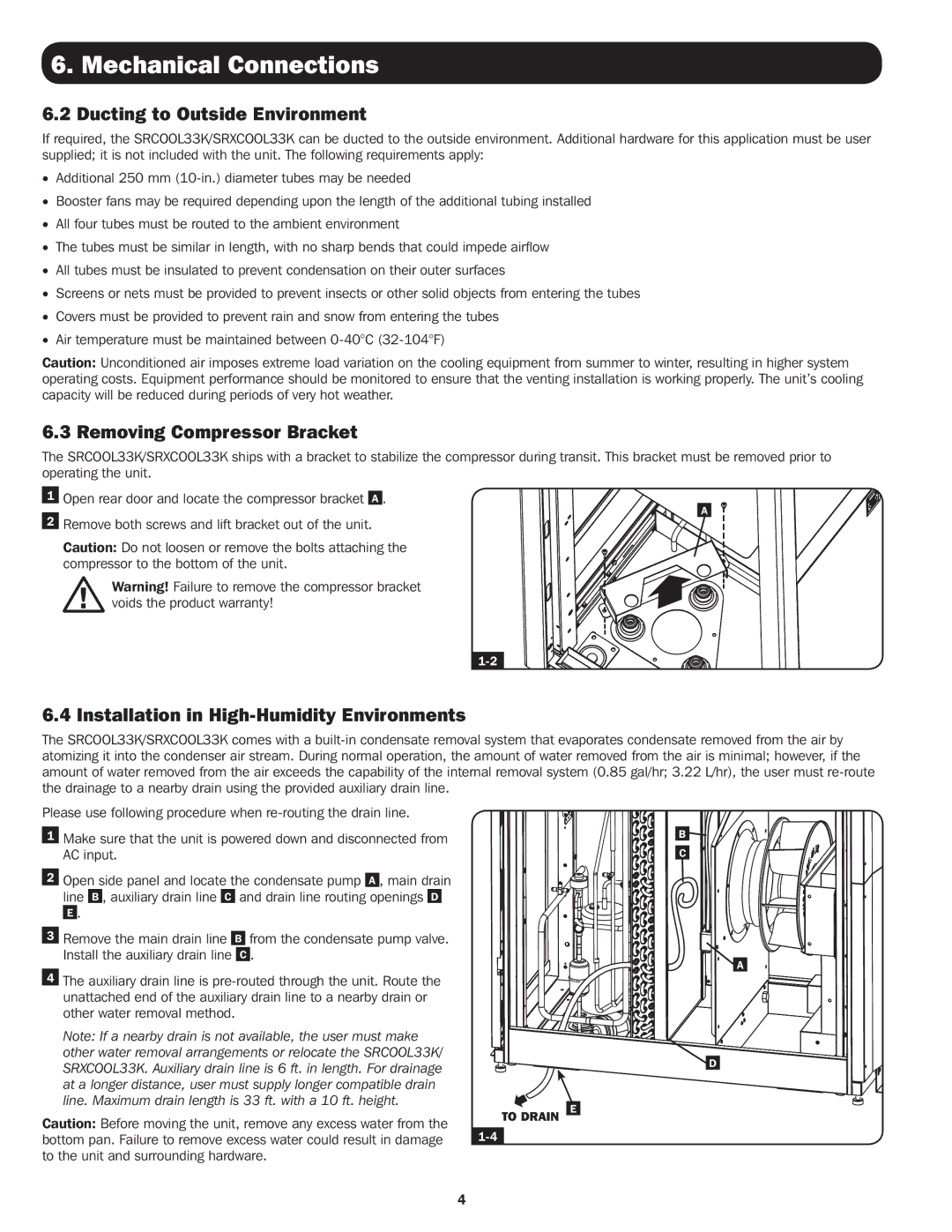 Tripp Lite SRXCOOL33K, SRCOOL33K installation manual Ducting to Outside Environment, Removing Compressor Bracket 