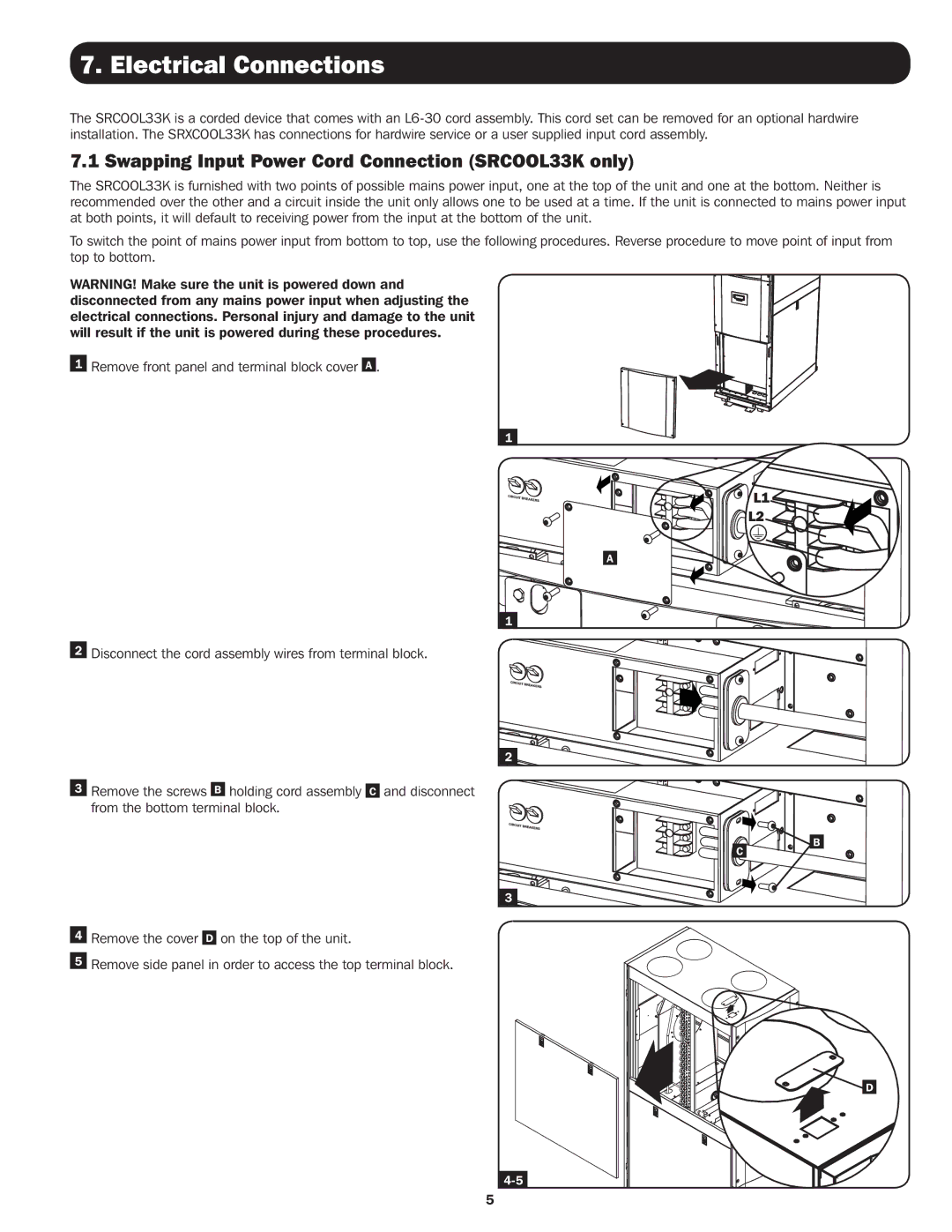 Tripp Lite SRXCOOL33K installation manual Electrical Connections, Swapping Input Power Cord Connection SRCOOL33K only 