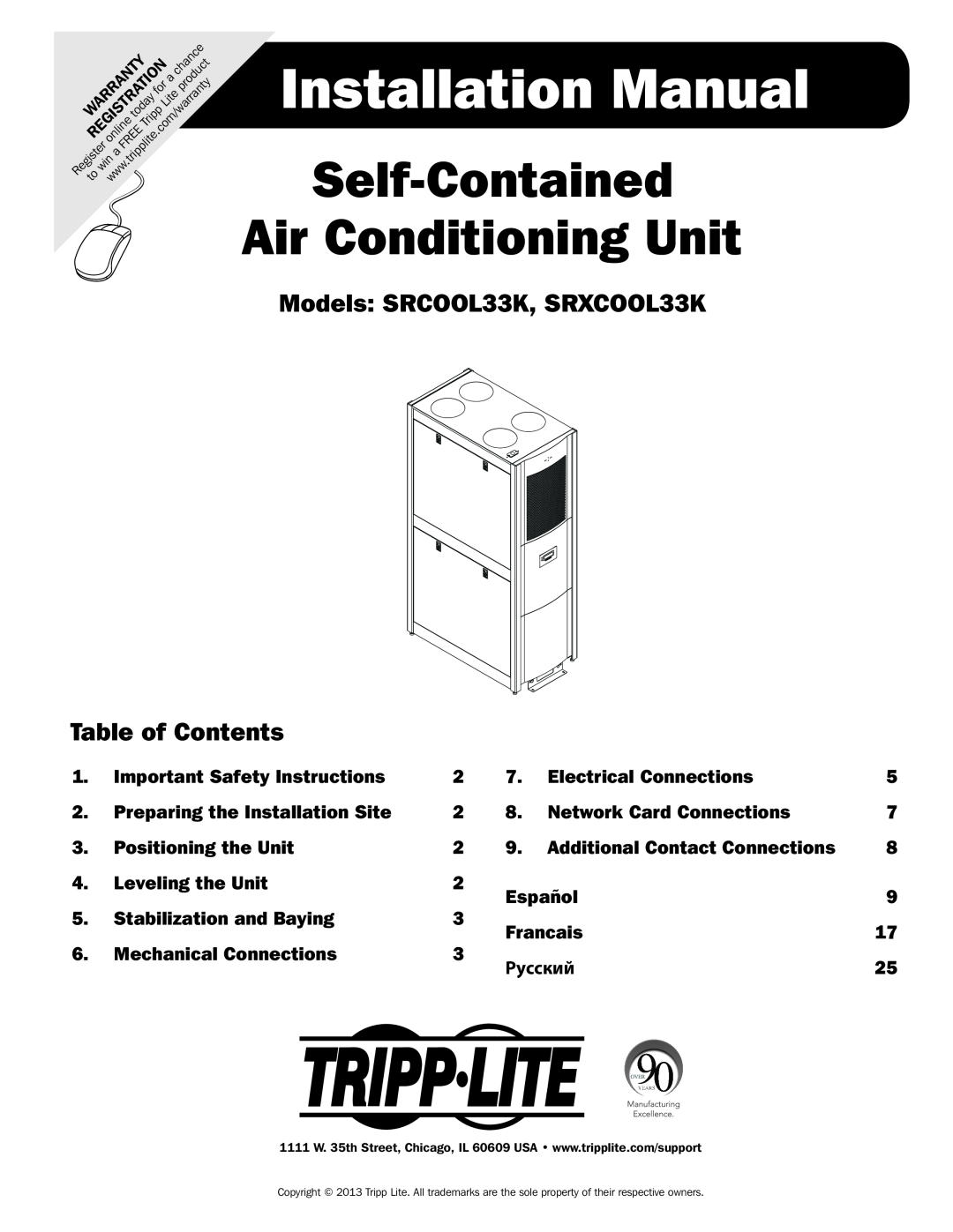 Tripp Lite SRCOOL33K installation manual Installation Manual, Self-Contained Air Conditioning Unit, Table of Contents 