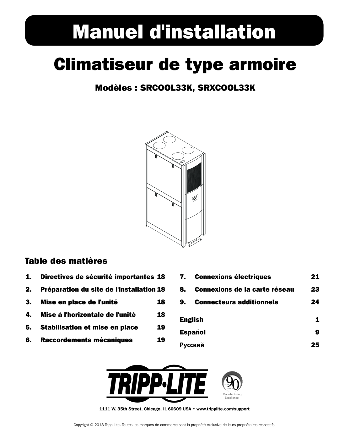 Tripp Lite Manuel dinstallation, Climatiseur de type armoire, Modèles SRCOOL33K, SRXCOOL33K, Table des matières 