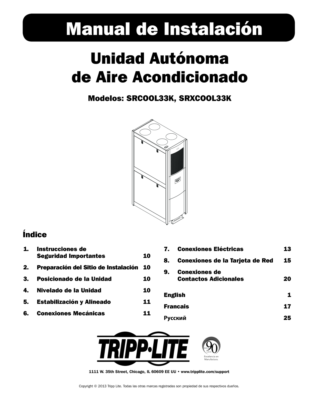 Tripp Lite Manual de Instalación, Unidad Autónoma de Aire Acondicionado, Modelos SRCOOL33K, SRXCOOL33K Índice, English 