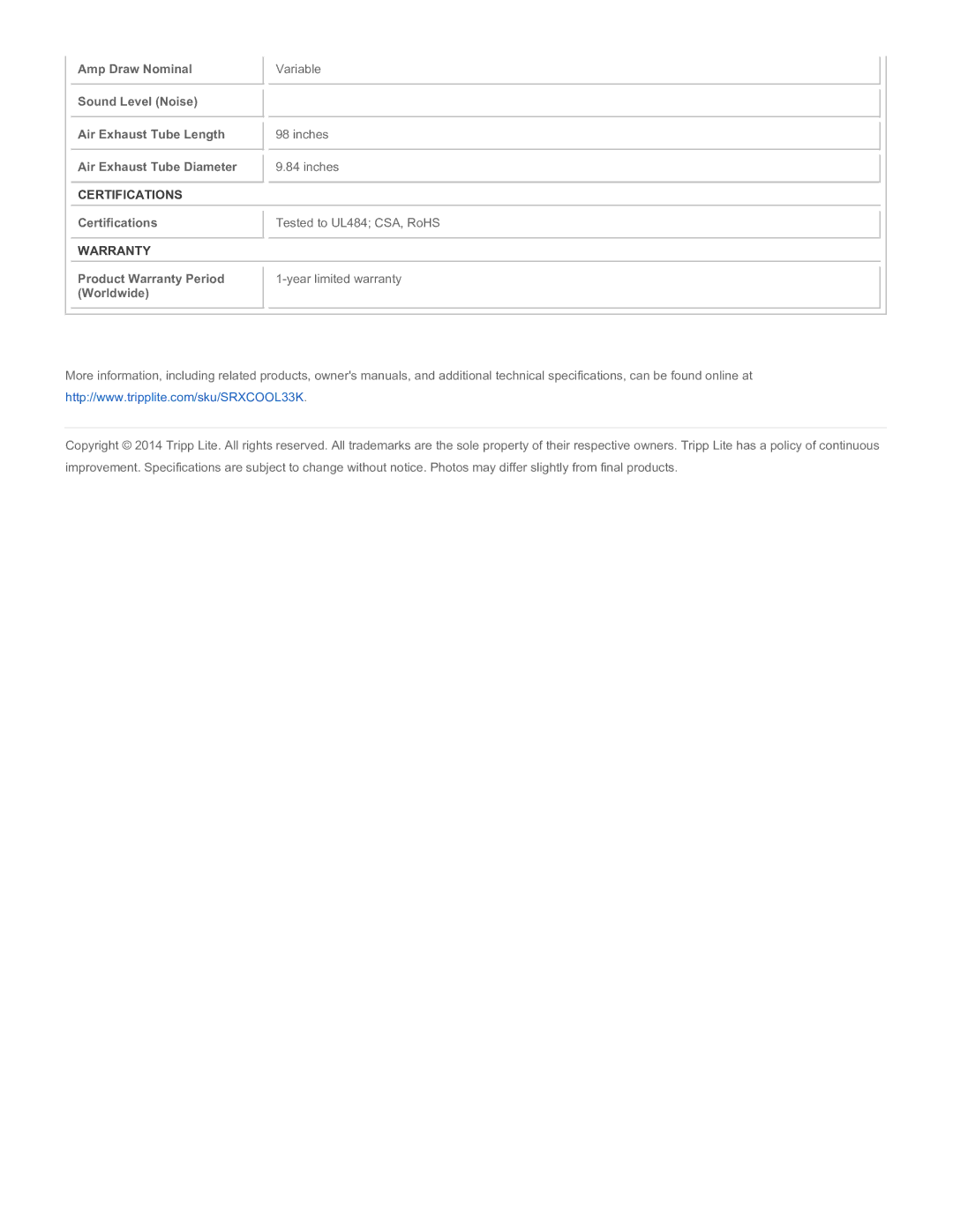 Tripp Lite SRXCOOL33K warranty Certifications, Warranty 