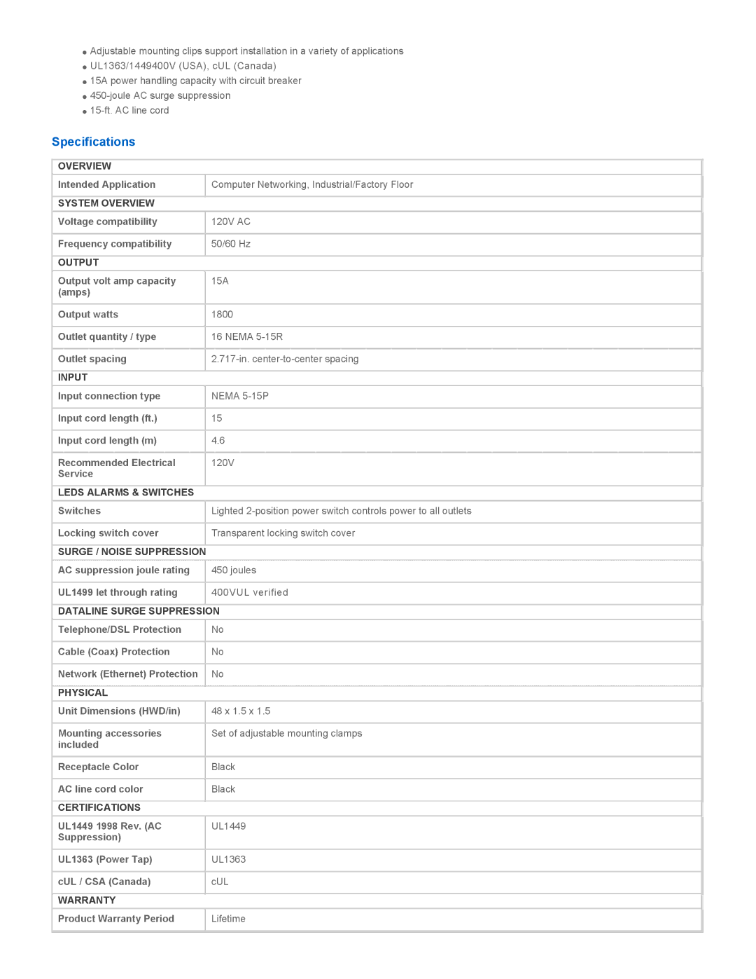 Tripp Lite SS7415-15 warranty Specifications 