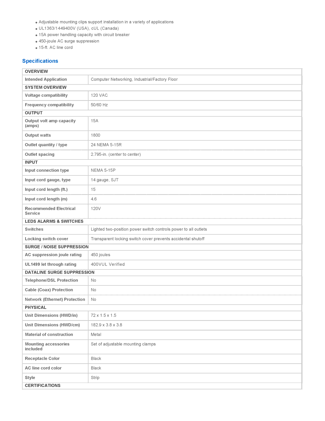 Tripp Lite SS7619-15 warranty Specifications 