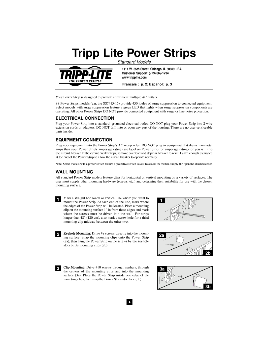 Tripp Lite 932005 user service Standard Models, Electrical Connection, Equipment Connection, Wall Mounting 