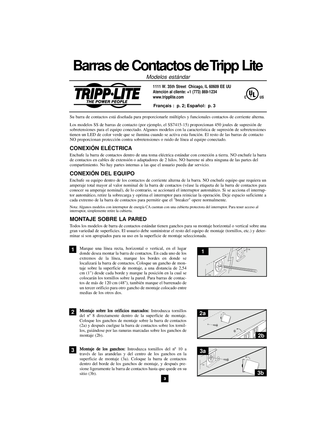 Tripp Lite 932005 Modelos estándar, Conexión Eléctrica, Conexión DEL Equipo, Montaje Sobre LA Pared, Français p Español 