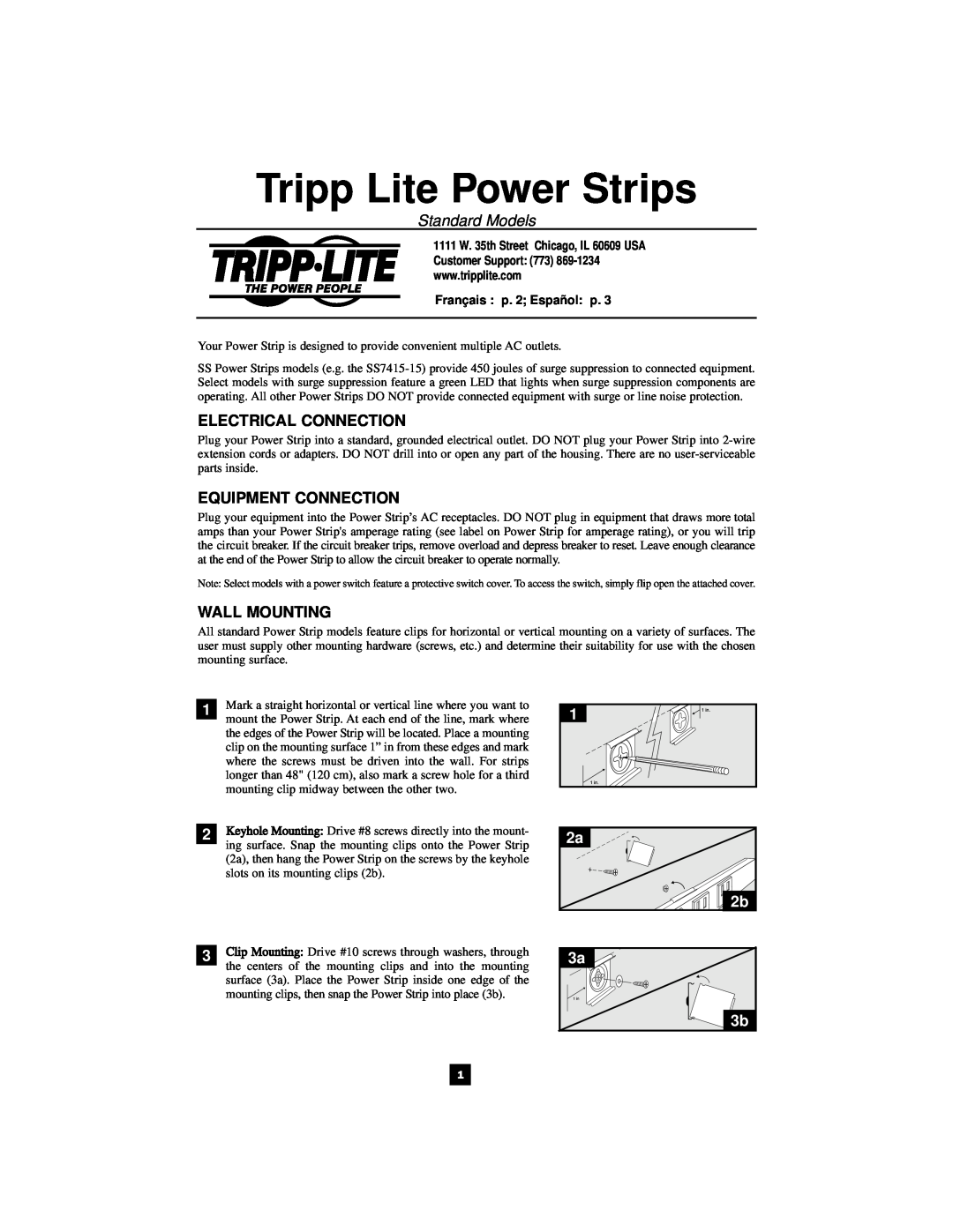 Tripp Lite 932005 user service Standard Models, Electrical Connection, Equipment Connection, Wall Mounting, 2a 2b 3a 3b 