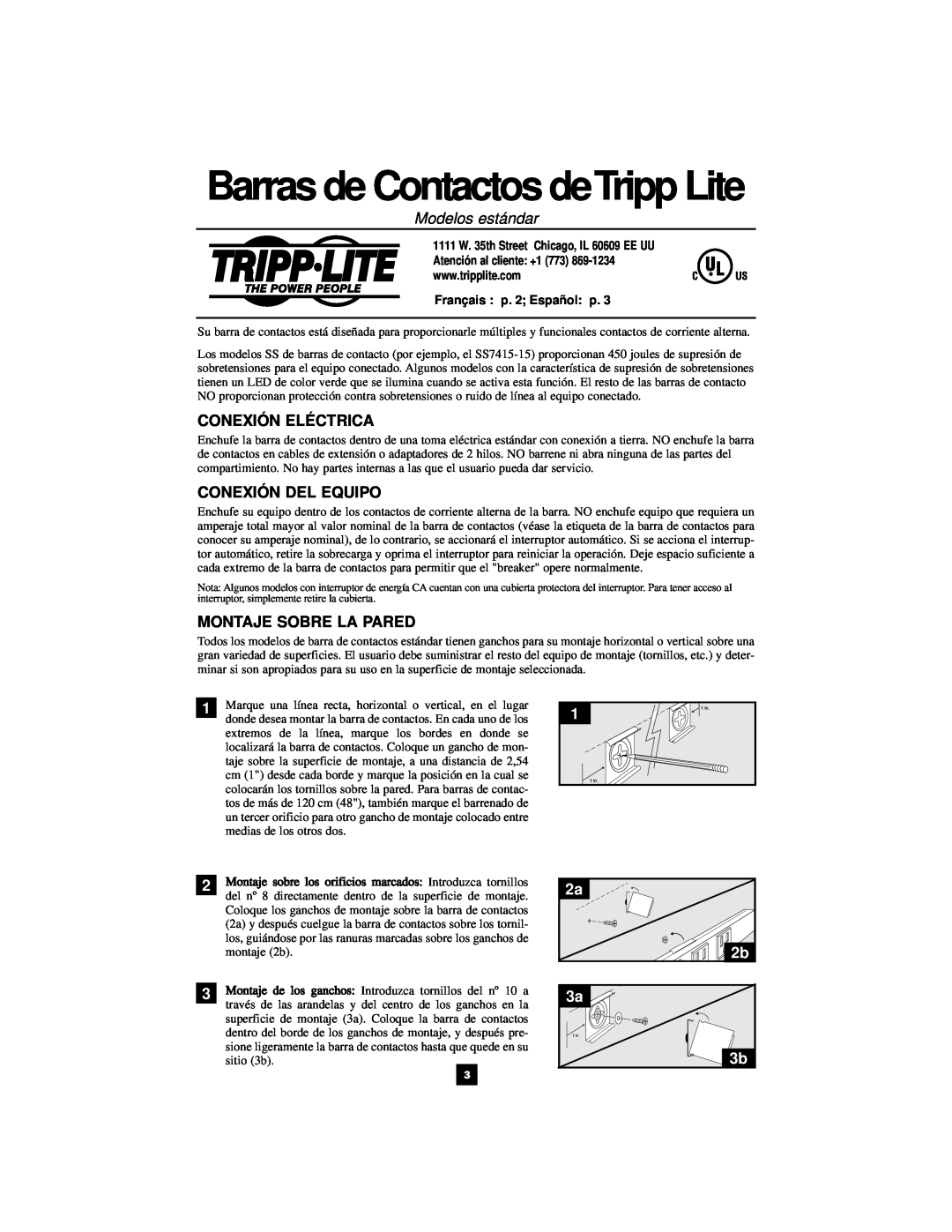 Tripp Lite 932005 Modelos estándar, Conexión Eléctrica, Conexión Del Equipo, Montaje Sobre La Pared, Français p. 2 Español 
