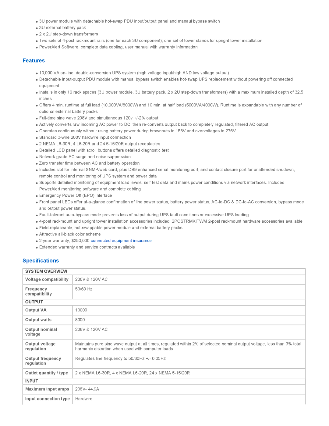 Tripp Lite SU10000RT3U2TF warranty Features, Specifications, System Overview, Output, Input 