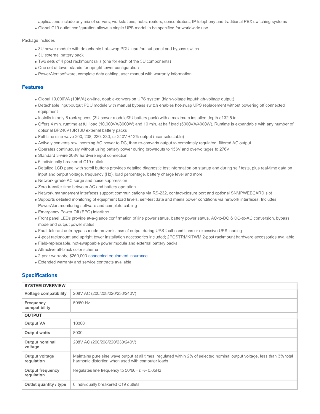 Tripp Lite SU10000RT3UG warranty Features, Specifications, System Overview, Output 
