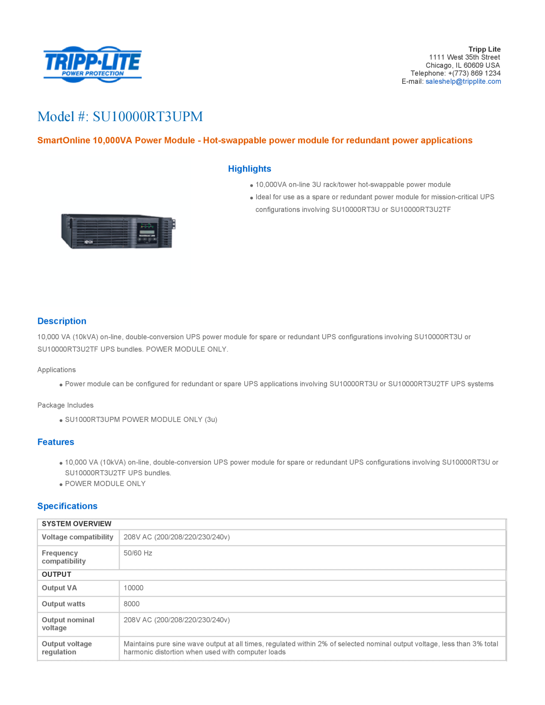 Tripp Lite SU10000RT3UPM specifications Highlights, Description, Features, Specifications, System Overview, Output 