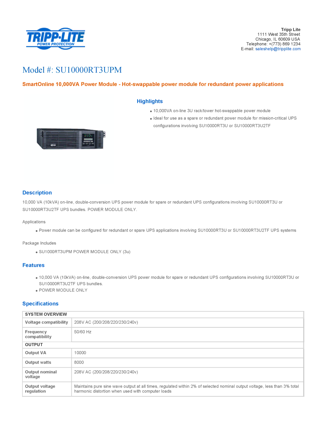 Tripp Lite SU10000RT3UPM specifications Highlights, Description, Features, Specifications 