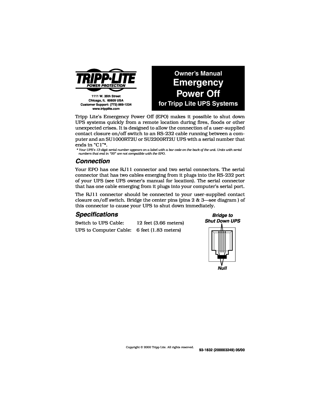 Tripp Lite SU1000RT2U owner manual Emergency Power Off, Owner’s Manual, for Tripp Lite UPS Systems, Connection, Bridge to 