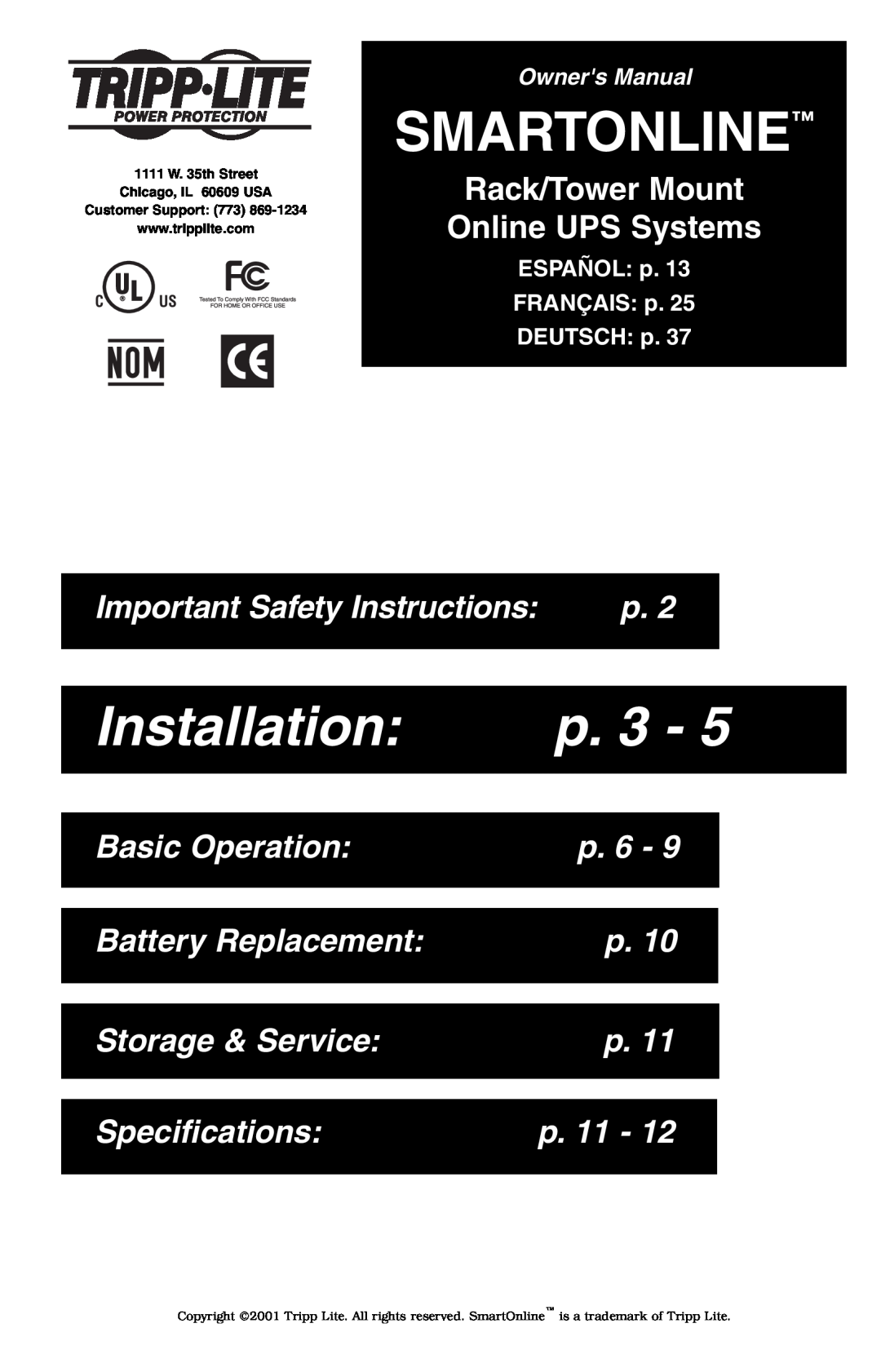 Tripp Lite SU1000RT2UHV specifications Smartonline, Installation, p. 3, Rack/Tower Mount Online UPS Systems, p. 6, p. 11 