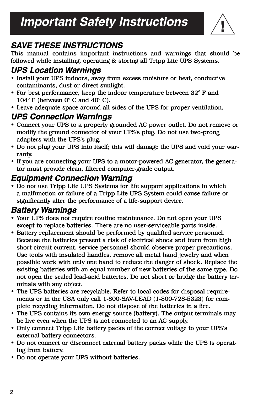 Tripp Lite SU1000RT2UHV Important Safety Instructions, Save These Instructions, UPS Location Warnings, Battery Warnings 