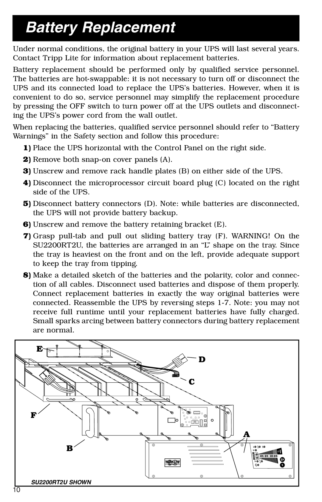 Tripp Lite SU1000RT2UHV specifications Battery Replacement 