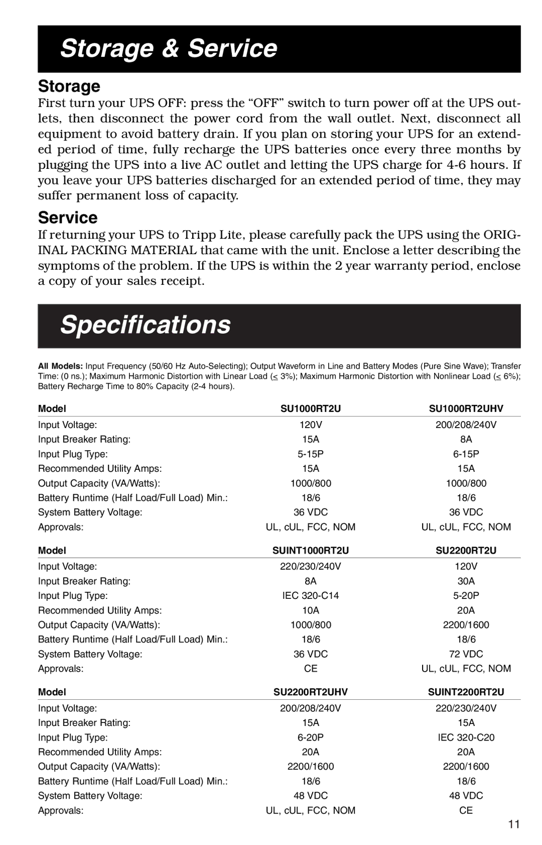 Tripp Lite SU1000RT2UHV specifications Storage & Service, Specifications 