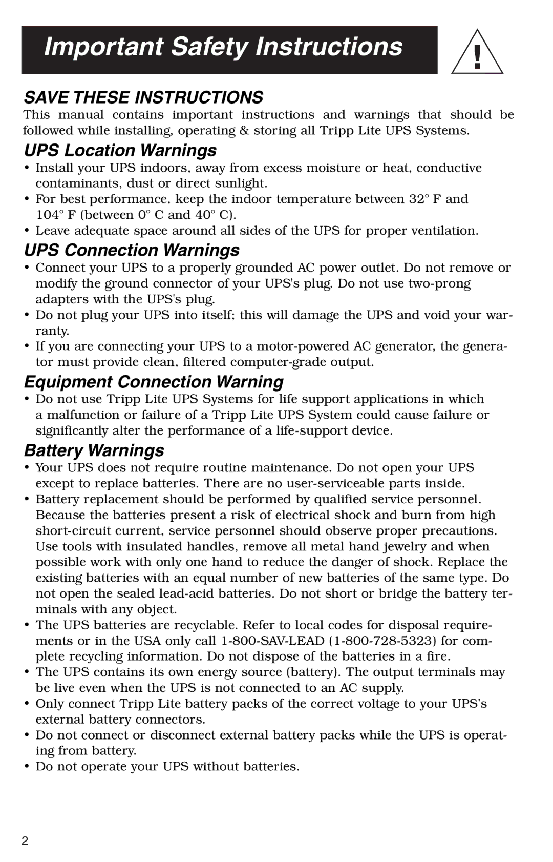 Tripp Lite SU1000RT2UHV Important Safety Instructions, UPS Location Warnings, UPS Connection Warnings, Battery Warnings 