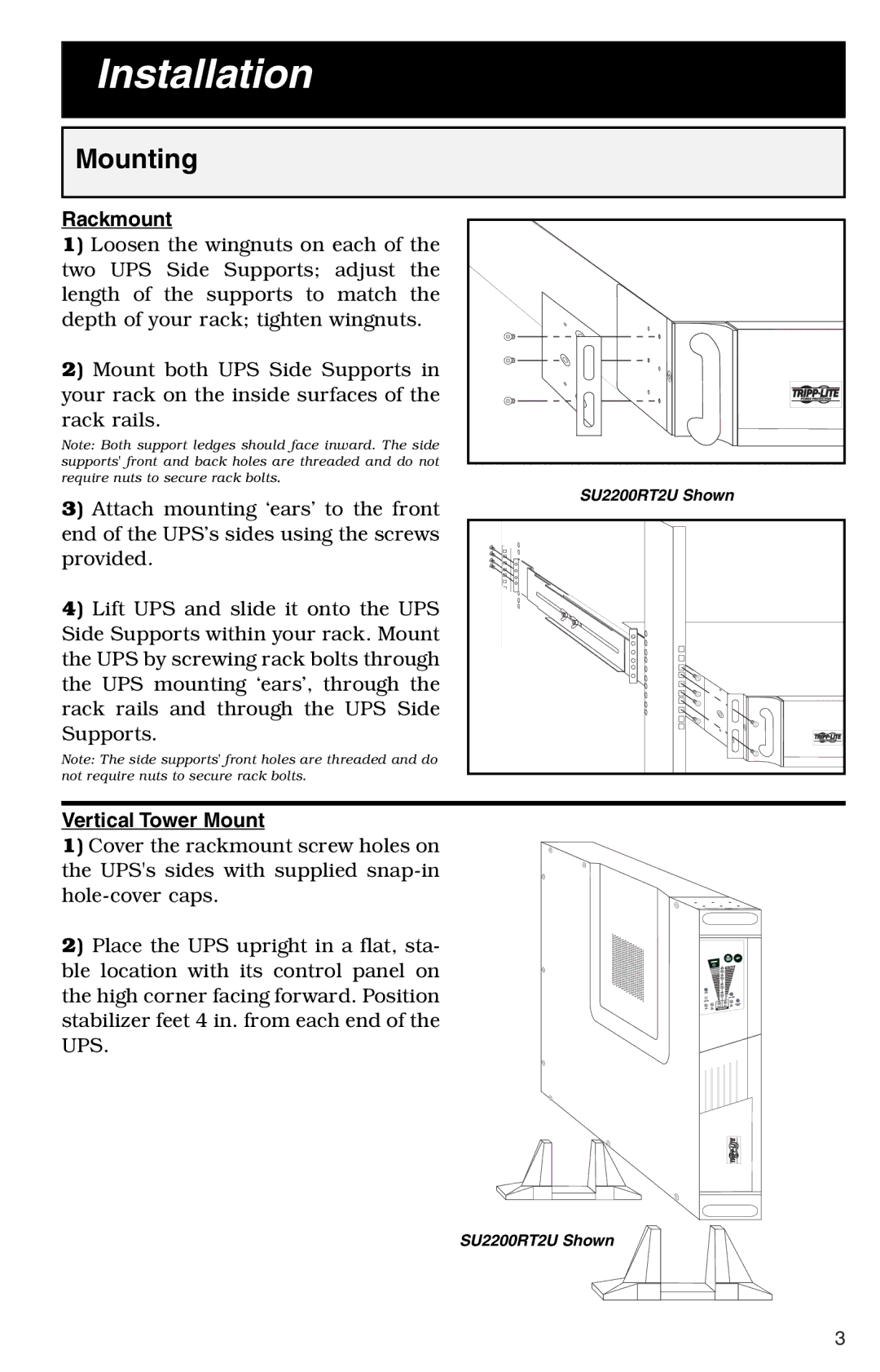 Tripp Lite SU1000RT2UHV specifications Installation, Mounting 