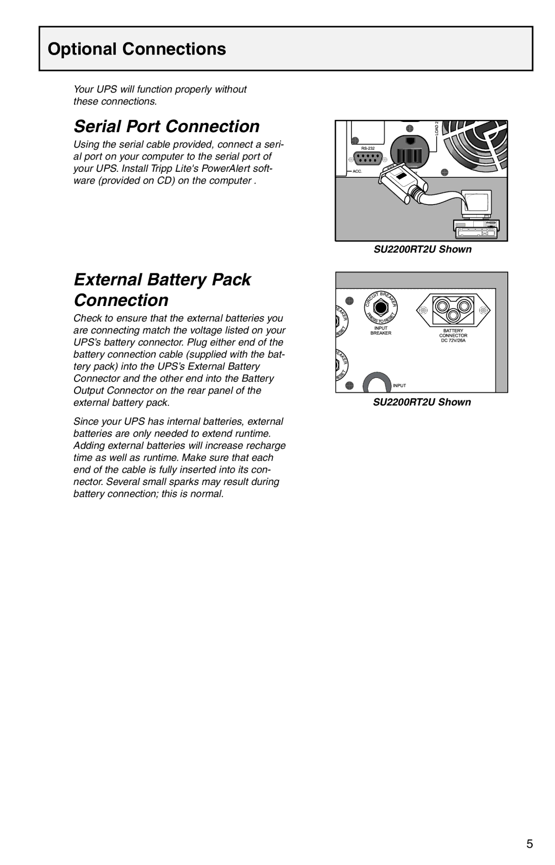 Tripp Lite SU1000RT2UHV specifications Optional Connections, Serial Port Connection, External Battery Pack Connection 