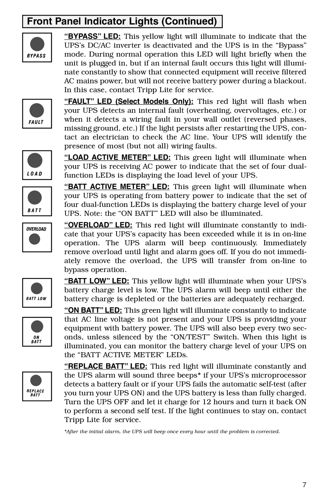 Tripp Lite SU1000RT2UHV specifications Front Panel Indicator Lights 