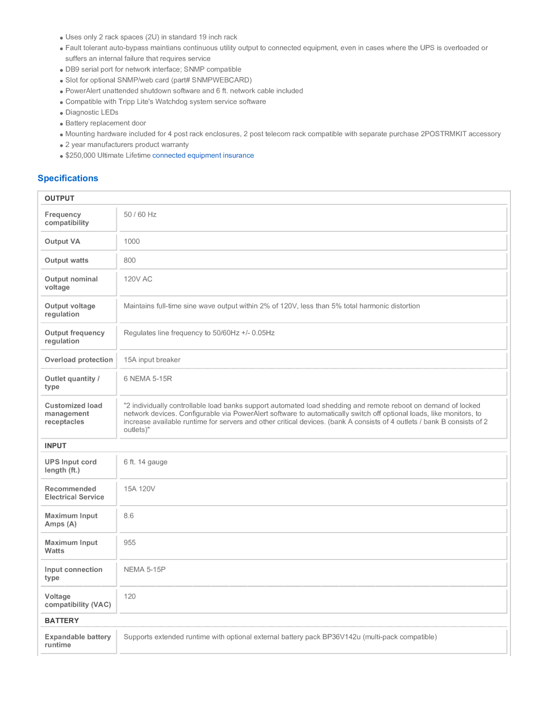 Tripp Lite SU1000RTXL2U instruction manual Specifications, Output, Input, Battery 