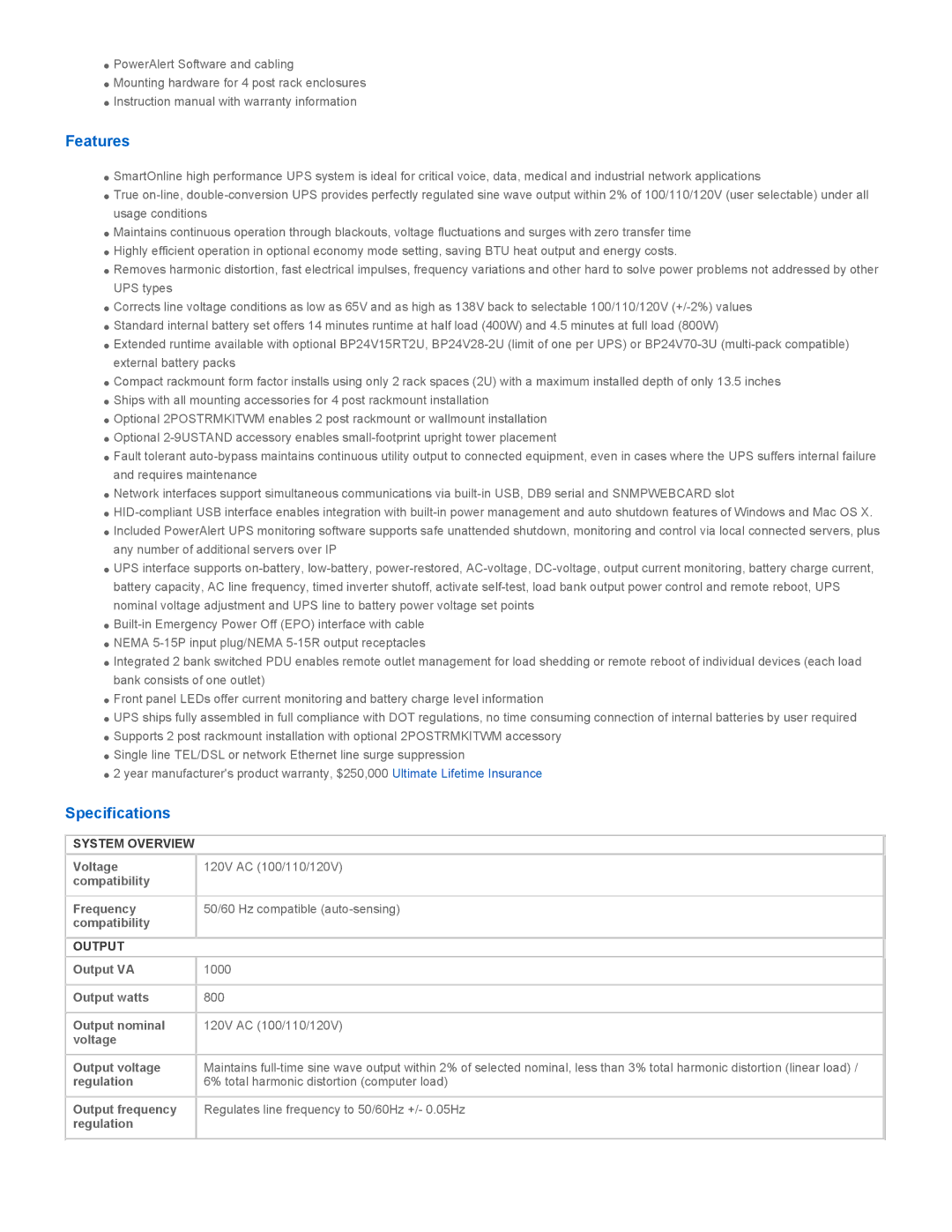 Tripp Lite SU1000RTXL2UA warranty Features, Specifications, System Overview, Output 