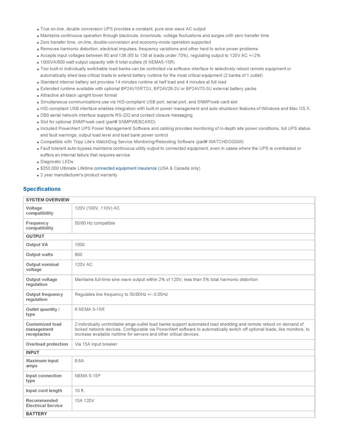 Tripp Lite SU1000XLA warranty Specifications, System Overview, Output, Input, Battery 