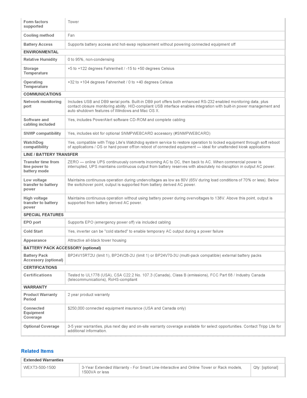 Tripp Lite SU1000XLA warranty Related Items 